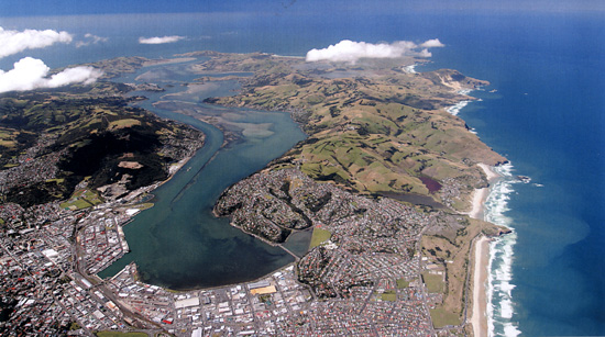 Aerial view over Dunedin harbour